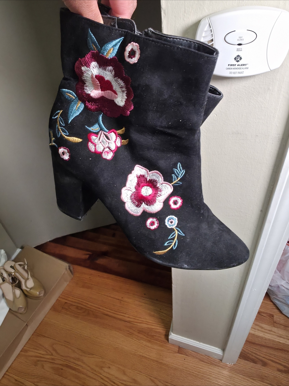 Express Black Suede Ankle Boots with Floral Embroidery